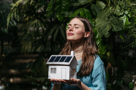 Young woman in jungle holding paper model of house with solar panels, concept of renewable energy and protection of nature.の写真素材