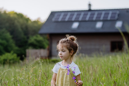 Portrait of little girl in front of family house with solar panels, concept of sustainable lifestyle and renewable resources.の写真素材