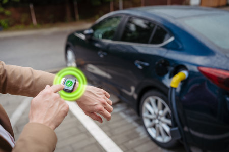 Close up of businessman with smartwatch, checking charging of his electric car.の写真素材