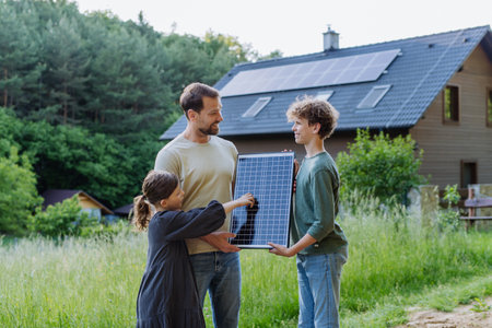 Father and his children holding solar panl standing in front of their house with photovoltaics on the roof.の写真素材