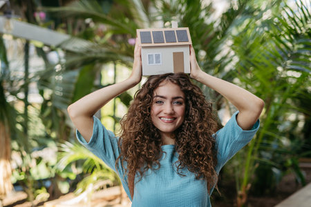 Young woman in botanical garden holding model of house with solar panels, concept of green energy.の写真素材