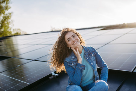 Portrait of young woman on roof with solar panels.の写真素材
