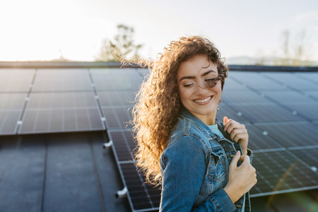 Portrait of young woman on roof with solar panels.の写真素材