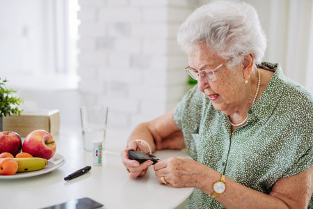 Diabetic senior patient checking her blood sugar level with fingerstick testing glucose meter.の写真素材
