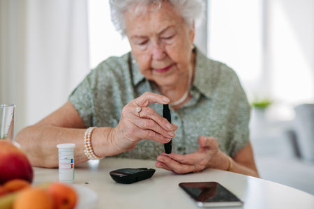 Close up of diabetic senior patient checking her blood sugar level with fingerstick testing glucose meter.の写真素材