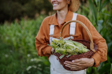 Portrait of female farmer holding basket full of harvested corn.