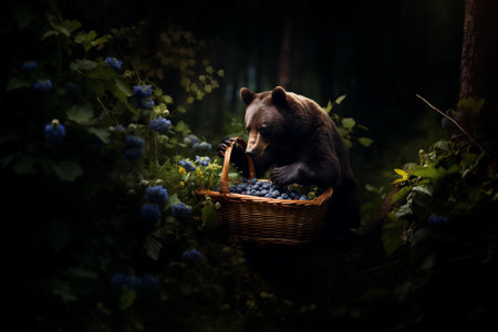 Brown bear in the forest is foraging for wild berries. Created with Generative AI technology.の素材