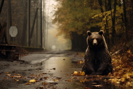 Brown bear strolling along road in urban area. Created with Generative AI technology.の素材