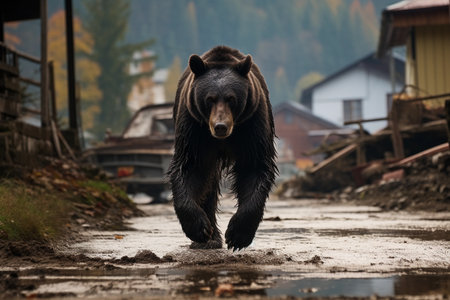 Brown bear strolling along residential street in urban area. Created with Generative AI technology.の素材