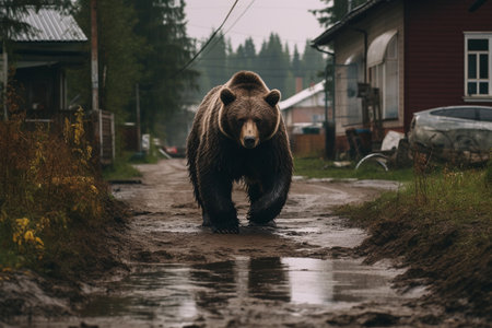 Brown bear strolling along residential street in urban area. Created with Generative AI technology.の素材