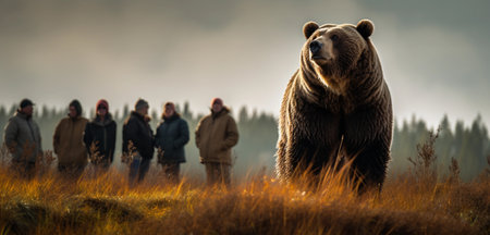 Meeting between a human and a bear in the forest.の素材