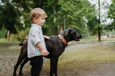 Little boy standing with his big dog in the park.の写真素材