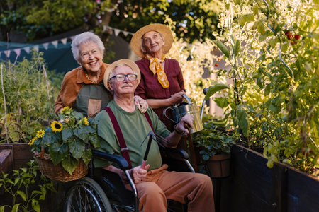 Portrait of senior friends taking care of vegetable plants in urban garden.の写真素材