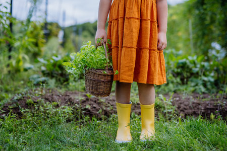 Close-up of girls gardening rubber boots, girl standing in an autumn garden.の写真素材