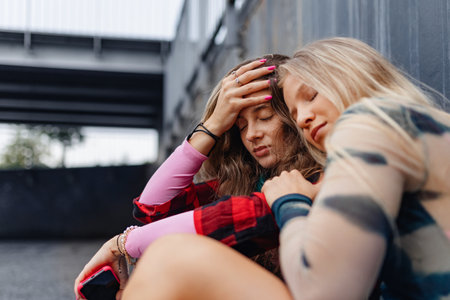 Gen Z friends sitting together outdoors in the city, comforting each other.の写真素材