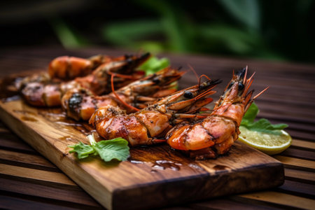 Close up of grilling shrimps served on wooden board, created with Generative AI technology.の素材