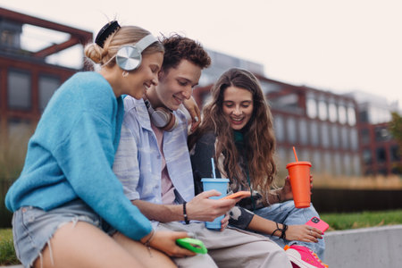 Generation z students hanging out together outdoors in the city.の写真素材