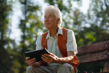 Senior man sitting in the park on a bench, looking at photos on his tablet.の写真素材