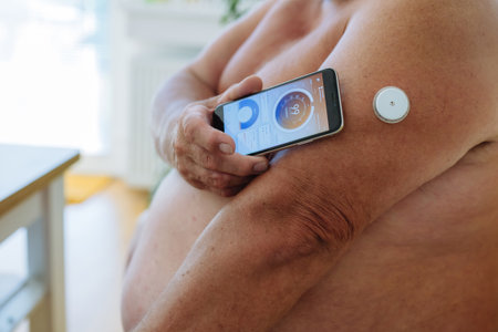Close up of diabetic man using continuous glucose monitor to check blood sugar level.の写真素材