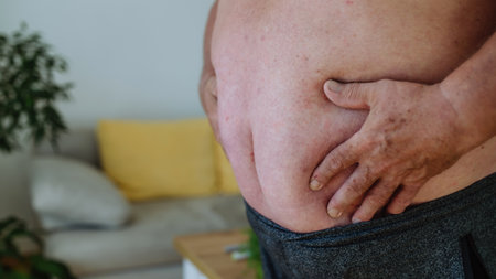 Close-up shot of an obese man holding his belly.の写真素材
