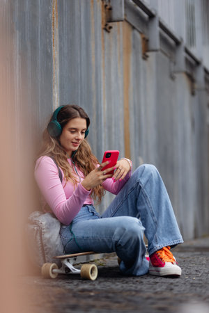 Portrait of generation z girl student sitting outdoors in the city alone.の写真素材