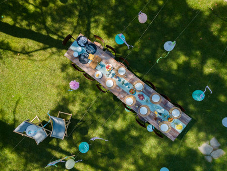 Top view of summer garden party in a beautiful garden.の写真素材