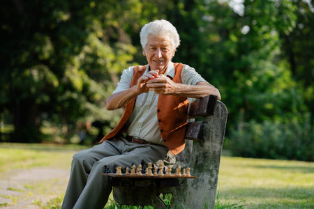 Portrait of senior man in a wheelchair with chess on bench is alone in a city park, feeling lonely.の写真素材