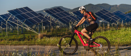 Side view of a beautiful cyclist riding in front of solar panels at a solar farm.の写真素材