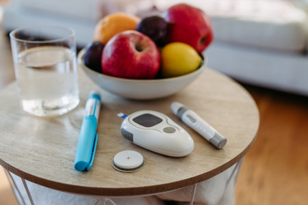 Close up of diabetes supplies and devices on table. Continuous glucose monitor, insulin pen, blood glucose meter. Image with copy space.の写真素材