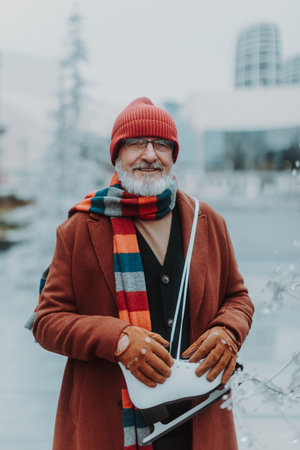Portrait of senior man in winter at outdoor ice skating rink.の写真素材