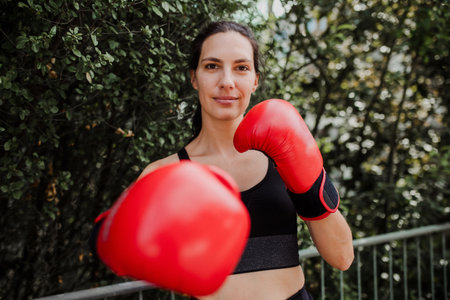 Confident boxer woman in red boxing gloves standing outdoors. Woman boxing for relaxation and...