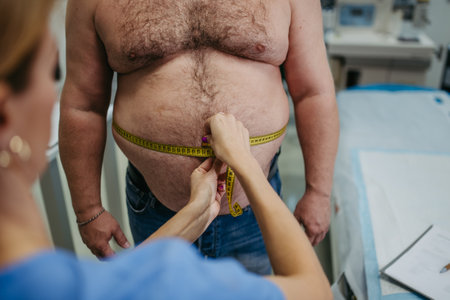 Female doctor measuring waist of overweight patient using tape measure. Obesity affecting middle-aged mens health. Concept of health risks of overwight and obesity.の写真素材