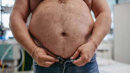 Close up of abdomen of overweight patient. High waist circumference of obese man, belly fat. Concept of health risks of overwight and obesity.の写真素材