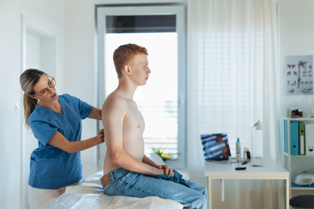 Doctor examining teenage boys skin, checking acne and moles. Skin cancer screening. Boy visiting...