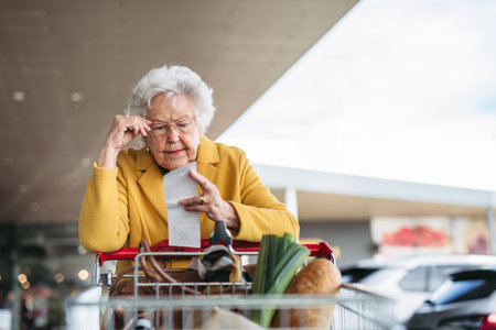 Elderly woman checking her receipt after purchase, looking at amount of money spent, ensuring all...