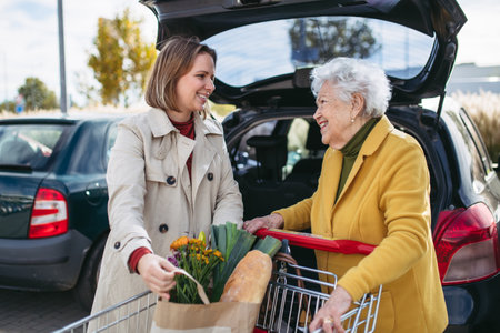 Mature granddaughter helping grandmother load groceries in to the car. Senior woman shopping at the shopping center.の写真素材