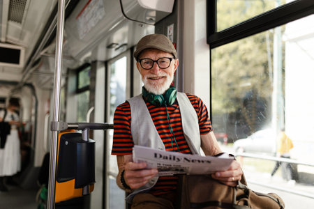Elderly man traveling through the city by bus, reading newspaper. Senior city commuter taking tram to grocery, using public transportation.の写真素材
