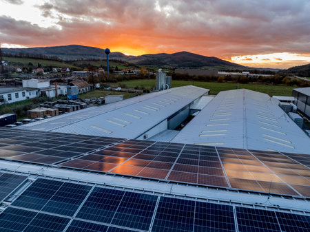 Aerial view of solar panels on a rooftop of factory. Solar energy as renewable energy source in...