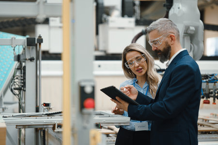 Female engineer and male production manager standing in modern industrial factory, talking about...