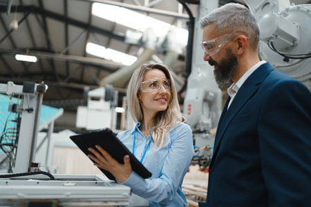 Female engineer and male supervisor standing in modern industrial factory, talking about production....