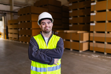 Portrait of young man with Down syndrome working in factory, warehouse. Concept of workers with disabilities, support in workplace.の写真素材