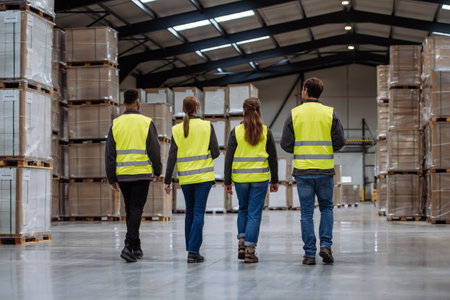 Rear view of warehouse workers walking in warehouse. Team of warehouse workers preparing products for shipment.の写真素材