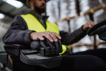 Close up of warehouse worker driving forklift. Warehouse worker preparing products for shipmennt,...