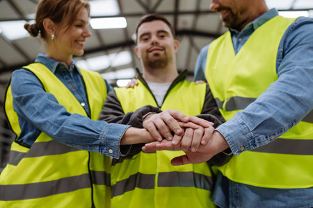 Portrait of young man with Down syndrome and his colleagues working in warehouse, holding hands as one team. Concept of workers with disabilities, support in workplace.の写真素材