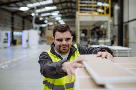 Portrait of young man with Down syndrome working in warehouse. Concept of workers with disabilities,...