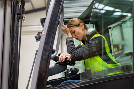 Female warehouse worker driving forklift. Warehouse worker preparing products for shipmennt, delivery, checking stock in warehouse.の写真素材