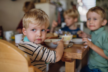 Little baby eating breakfast in high chair in home kitchen. Healthy breakfast or snack before day care.の写真素材