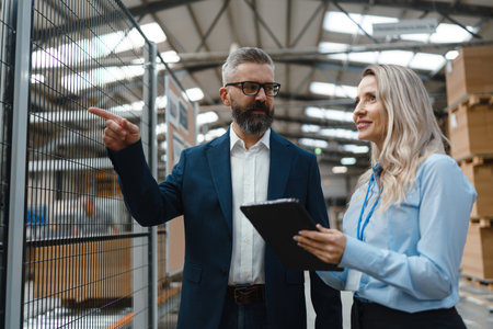 Female engineer and male production manager standing in modern industrial factory, talking about production. Manufacturing facility with robotics and automation.の写真素材
