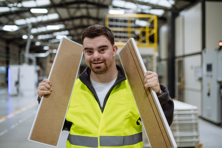 Portrait of young man with Down syndrome working in warehouse. Concept of workers with disabilities,...