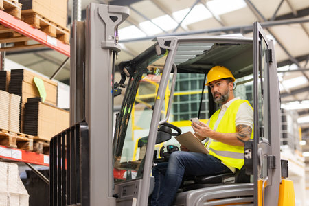 Warehouse forklift driver controlling shipping order. Warehouse worker preparing products for...